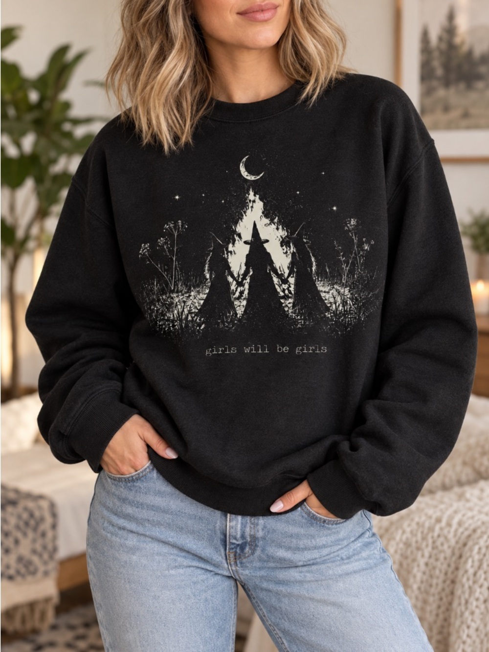 Halloween Witch Girls Will Be Girls Graphic Sweatshirt Crew